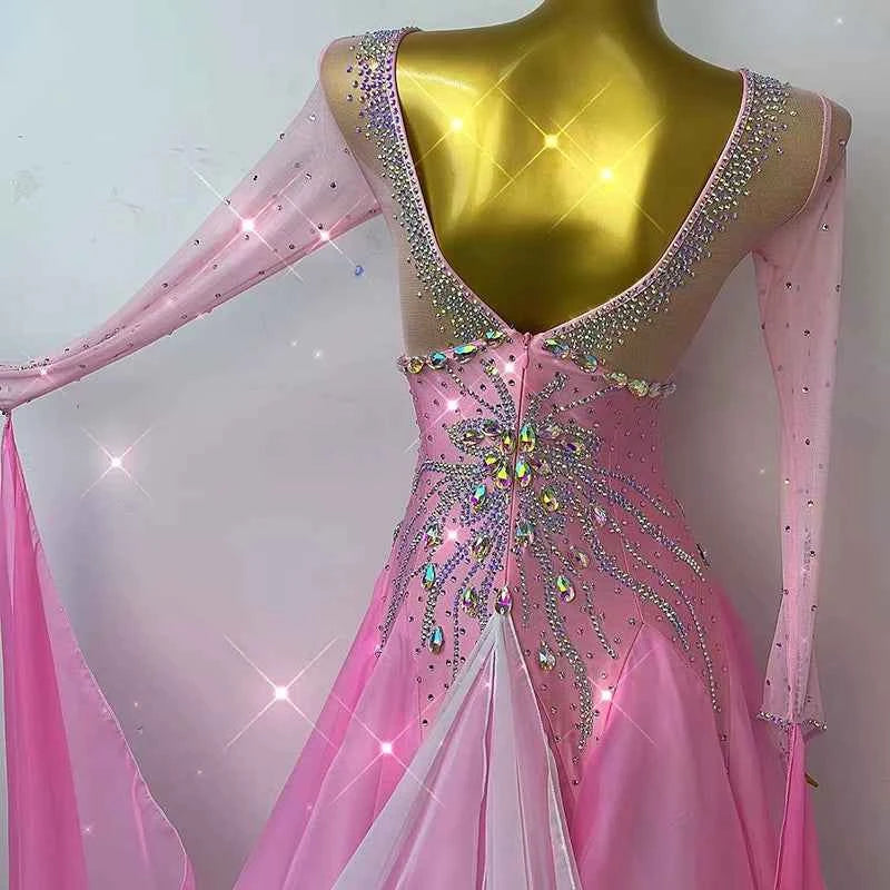 Customized Size Pink Competition Ballroom Dance Dresses for Women Girls Diamond Bling Waltz Tango Foxtrot Dance Long Gown
