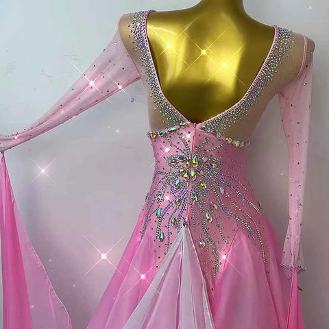 Customized Size Pink Competition Ballroom Dance Dresses for Women Girls Diamond Bling Waltz Tango Foxtrot Dance Long Gown