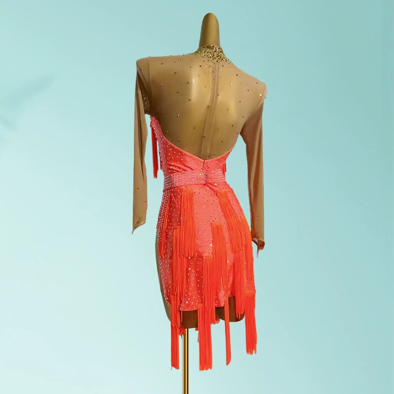 Custom Size Orange with Flesh Sleeves Competition Latin Dance Dresses for Women Girls Kids Adult Salsa Chacha Rumba Dancing Costumes - Moderndancedress.com