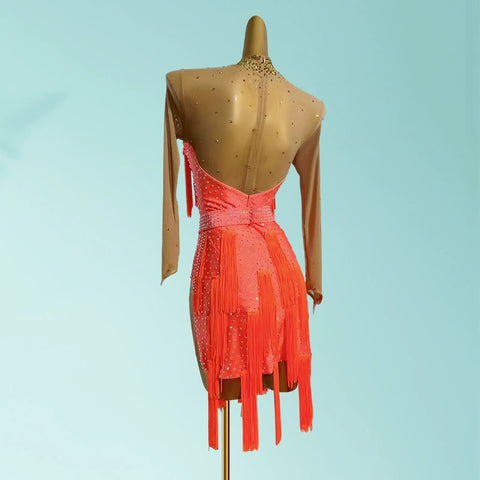 Custom Size Orange with Flesh Sleeves Competition Latin Dance Dresses for Women Girls Kids Adult Salsa Chacha Rumba Dancing Costumes - Moderndancedress.com