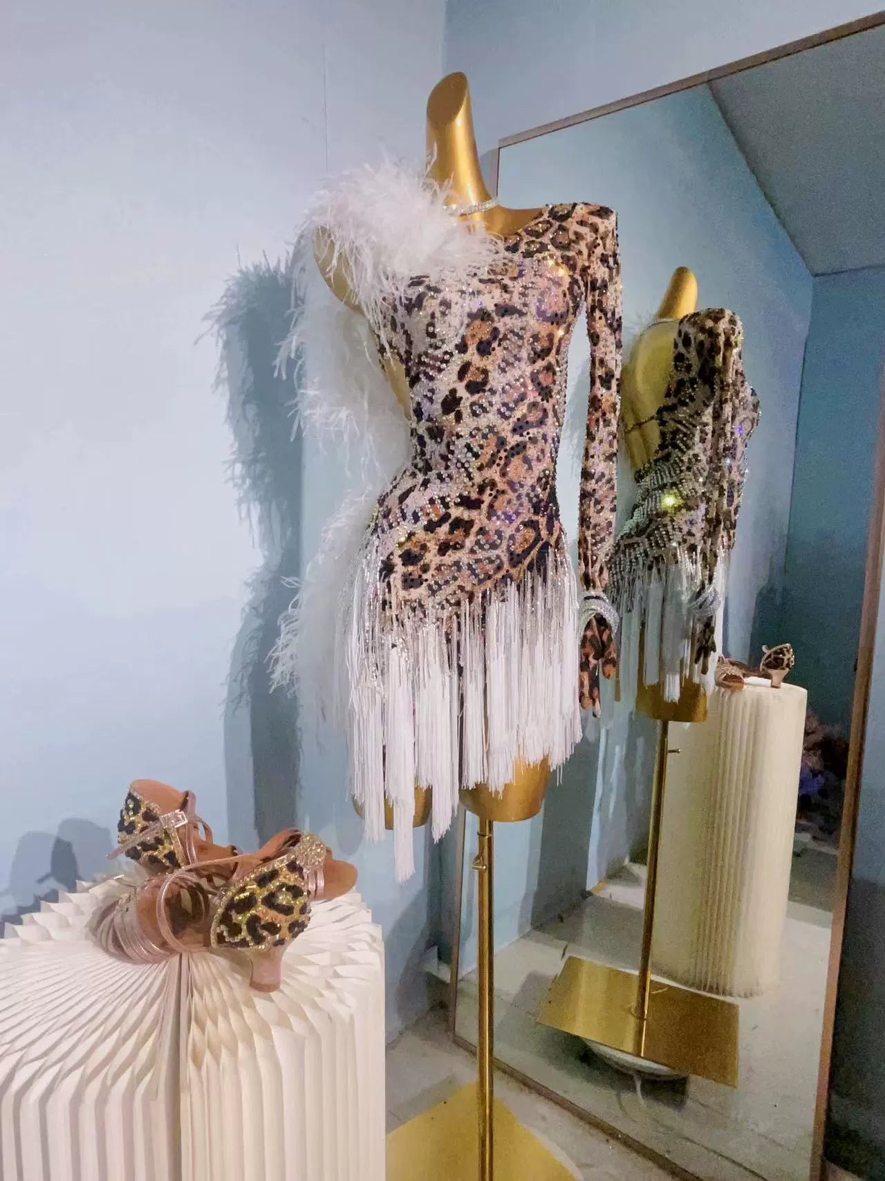 Custom Size Leopard Feather Competition Latin Dance Dresses for Women Girls - Moderndancedress.com