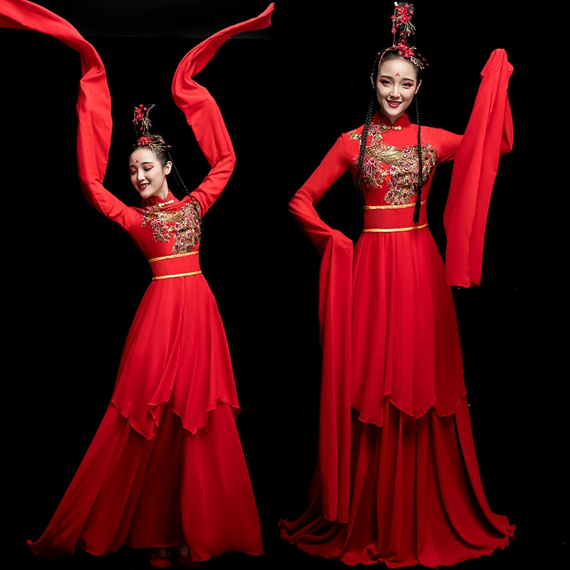 Chinese Folk Dance Costume Watersleeve Dance Clothing Modern Chinese Hanfu Classical Dance Dress Female Adults