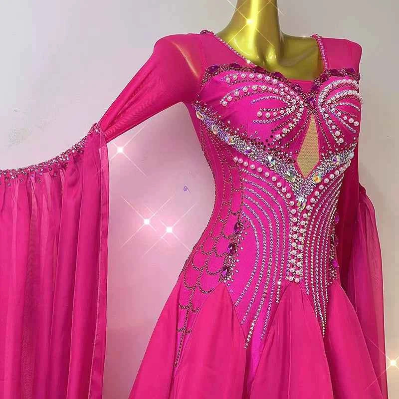 Custom Size Women's Hot Pink Ballroom Dance Dress Rhinestones Smooth Long Sleeves