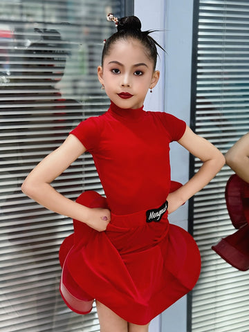 Children girls Latin dance dresses pink purple short-sleeved  ultra-thin velvet test competition ballroom latin salsa performance clothing - Moderndancedress.com