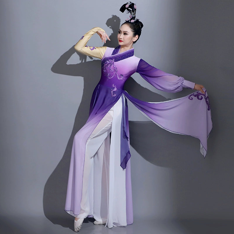 Violet chinese folk classical dance costume for women girls ancient traditional hanfu fairy dress umbrella art test fan dance clothes - Moderndancedress.com