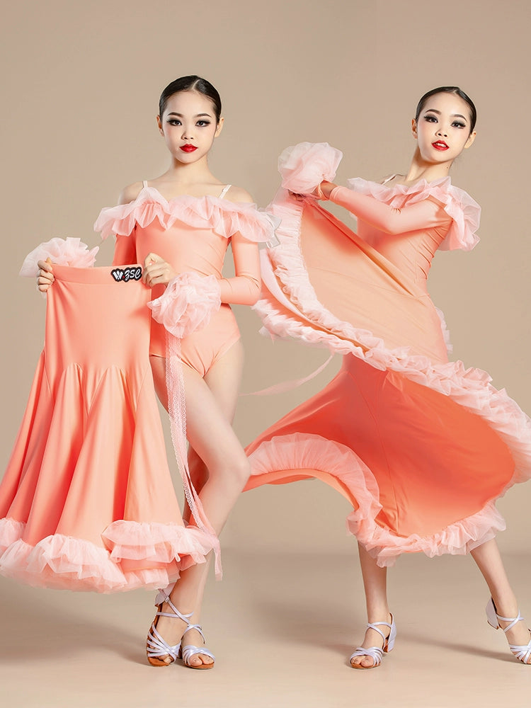 Modern ballroom dance dresses for girls kids waltz tango light purple orange wine professional competition clothing for children - Moderndancedress.com