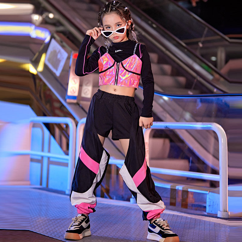 Children's pink hiphop rapper singers street jazz dance costumes for girls model show gogo dancers performance clothing for kids