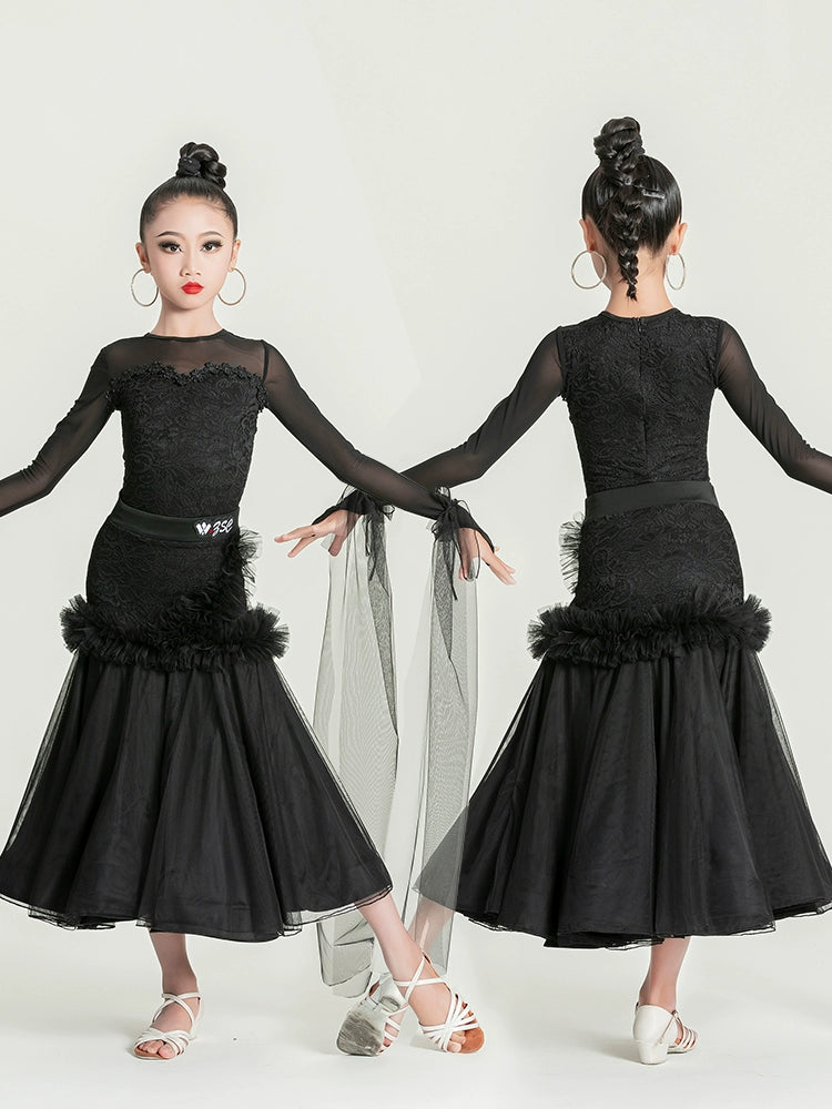 Modern ballroom dance dresses for girls kids black lace flowy children's waltz tango dance big swing skirt  competition suit - Moderndancedress.com