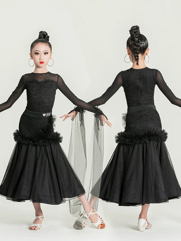 Modern ballroom dance dresses for girls kids black lace flowy children's waltz tango dance big swing skirt  competition suit - Moderndancedress.com