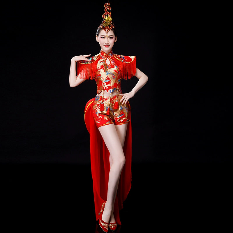 Jazz Dance Costumes Drum costume performance dress Chinese fans waist drum Dress Adult cheongsam modern dance performance dress - Moderndancedress.com