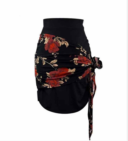 Red rose flowers Latin dance print skirt  for women young girls salsa rumba chacha hip scarf National standard dance practice wrap skirts