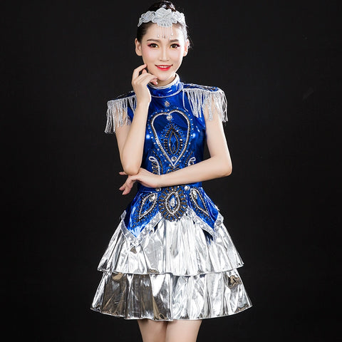 Jazz Dance Costumes Modern Dance Costume Jazz Dance Costume Blue Sequin Square Adult Female Opening Dance Short Skirt Suit