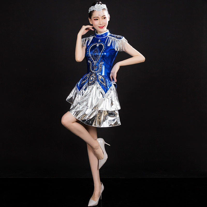 Jazz Dance Costumes Modern Dance Costume Jazz Dance Costume Blue Sequin Square Adult Female Opening Dance Short Skirt Suit