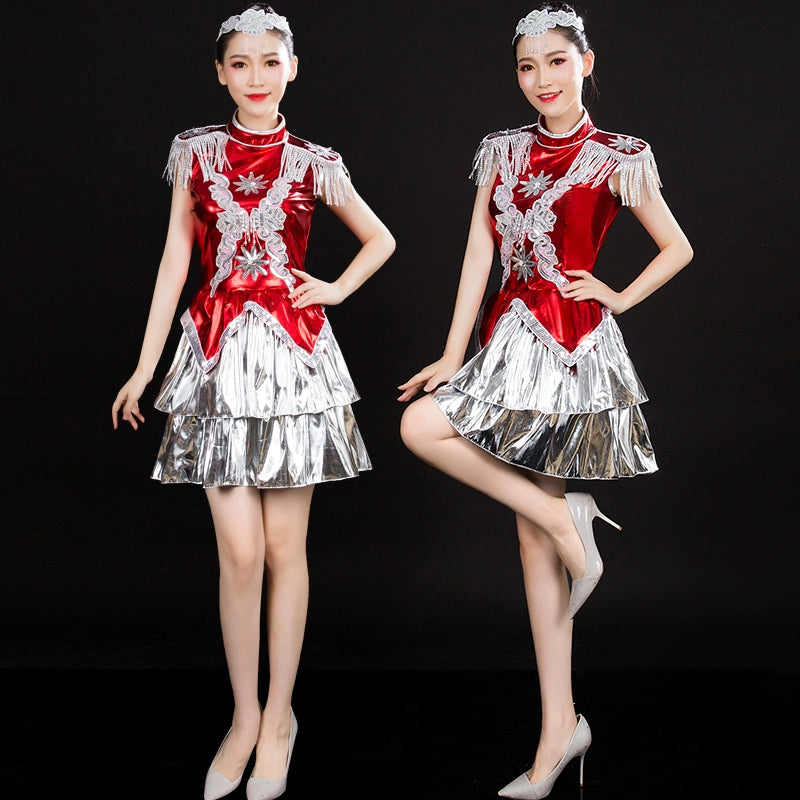 Jazz Dance Costume Modern Dance Costume Brilliant Short Skirt Square Opening Dance Suit for Adult Women - 