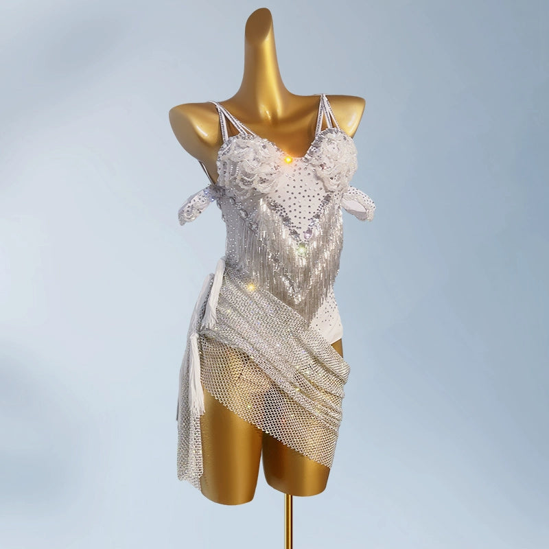 Custom Size Competition Latin Dance Dresses for Women Girls White Mesh Diamond Salsa Rumba Chacha Dance Costumes
