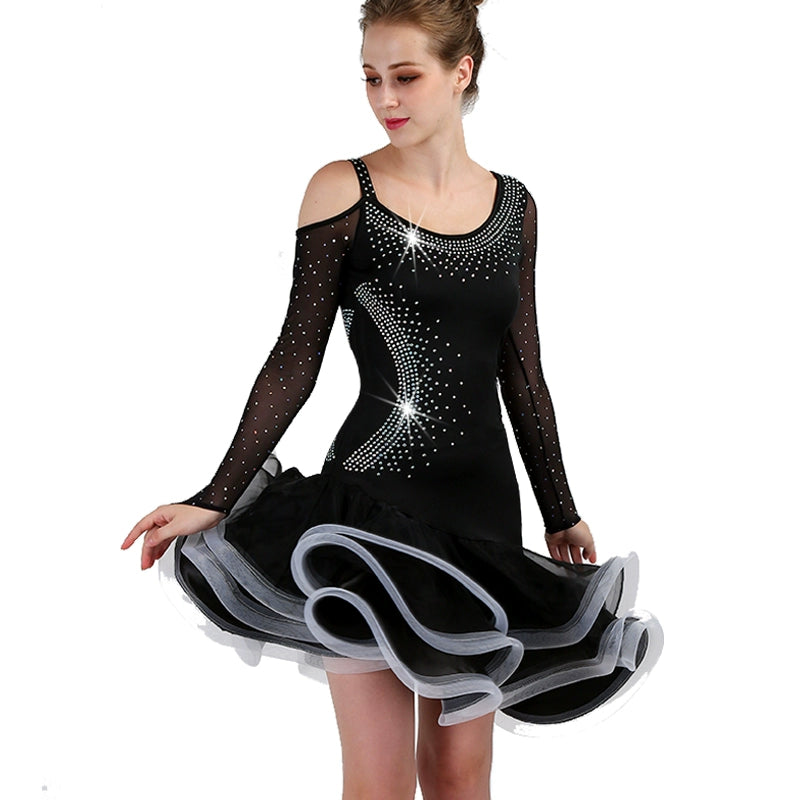 Latin Dance Dresses Women's Performance Spandex Tassel / Crystals / Rhinestones Long Sleeve Dress - Moderndancedress.com