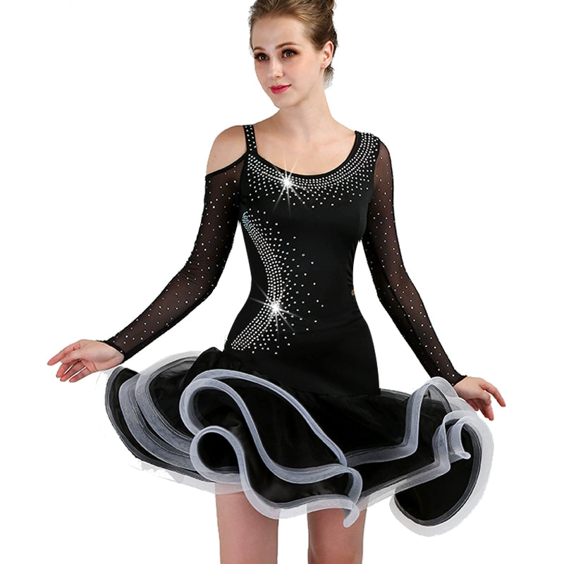 Latin Dance Dresses Women's Performance Spandex Tassel / Crystals / Rhinestones Long Sleeve Dress - Moderndancedress.com