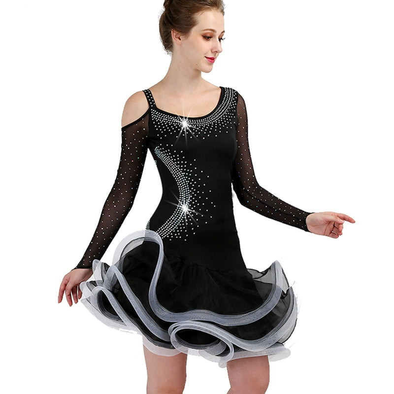 Latin Dance Dresses Women's Performance Spandex Tassel / Crystals / Rhinestones Long Sleeve Dress - Moderndancedress.com
