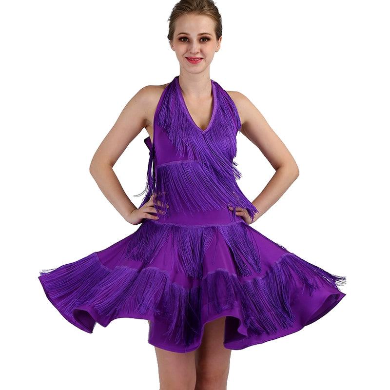 tassels Latin Dance Dresses long sleeves Rhinestones High Dress Big Sway Latin Performance Competition Dresses