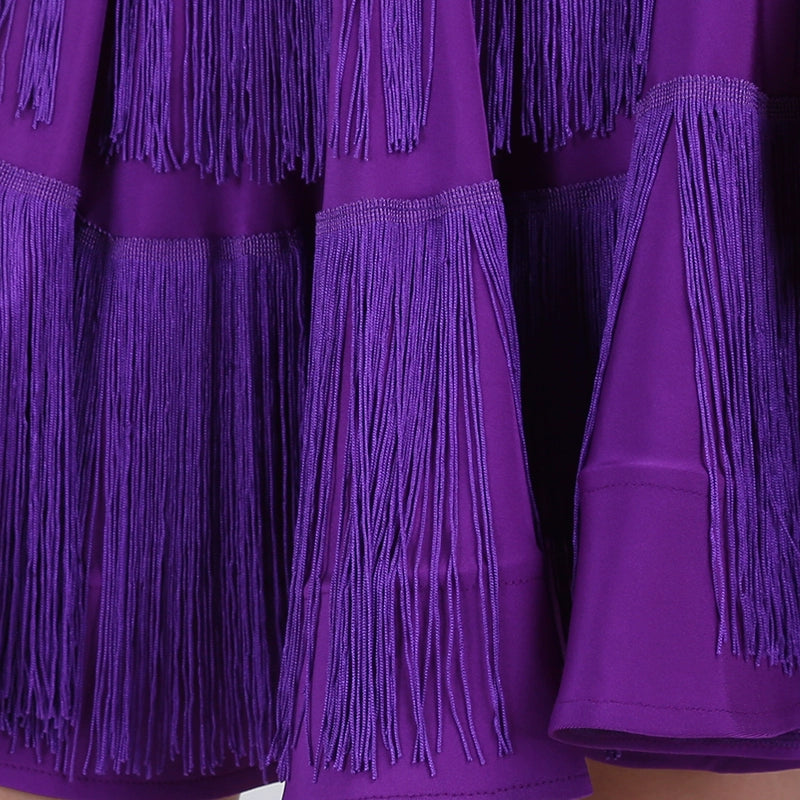 tassels Latin Dance Dresses long sleeves Rhinestones High Dress Big Sway Latin Performance Competition Dresses - 