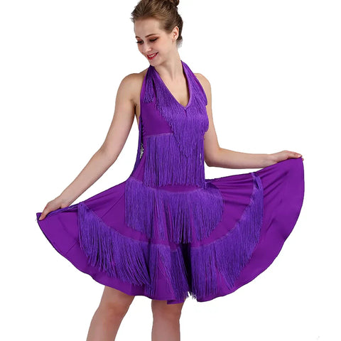 tassels Latin Dance Dresses long sleeves Rhinestones High Dress Big Sway Latin Performance Competition Dresses