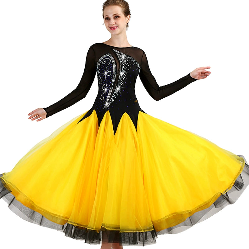 Black with yellow diamond competition Ballroom Dance Dresses for women girls waltz tango Modern Dance Competition Dresses - Moderndancedress.com
