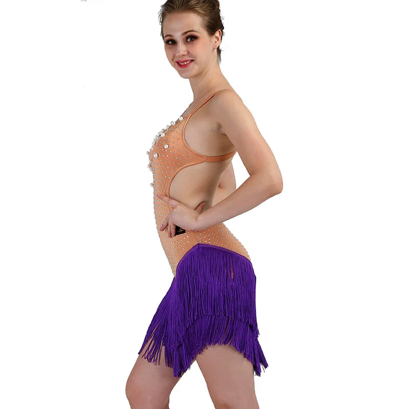Latin Dance Dresses Women's Performance Spandex / Organza Ruching / Crystals / Rhinestones Sleeveless Dress - Moderndancedress.com