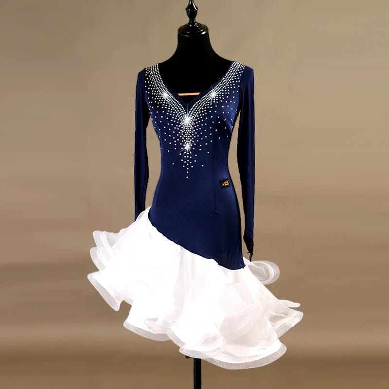 Latin Dance Dresses Women's Performance Spandex Georgette Appliques Crystals / Rhinestones Long Sleeves High Dress - Moderndancedress.com
