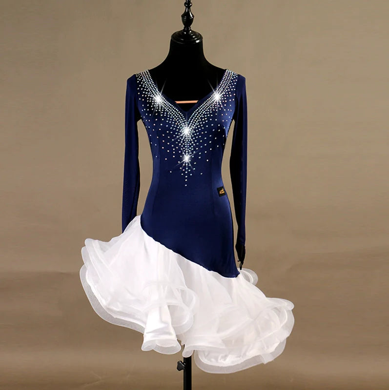 Latin Dance Dresses Women's Performance Spandex Georgette Appliques Crystals / Rhinestones Long Sleeves High Dress - Moderndancedress.com