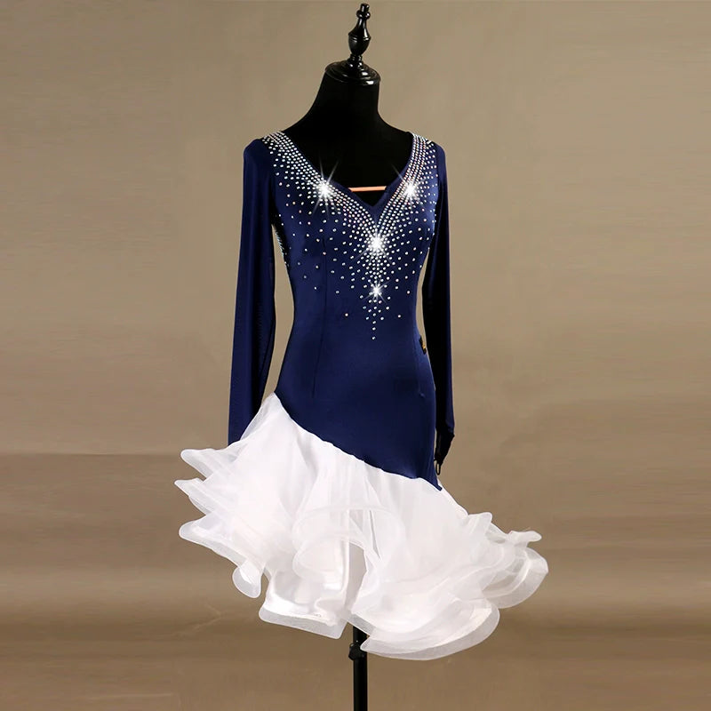 Latin Dance Dresses Women's Performance Spandex Georgette Appliques Crystals / Rhinestones Long Sleeves High Dress - Moderndancedress.com