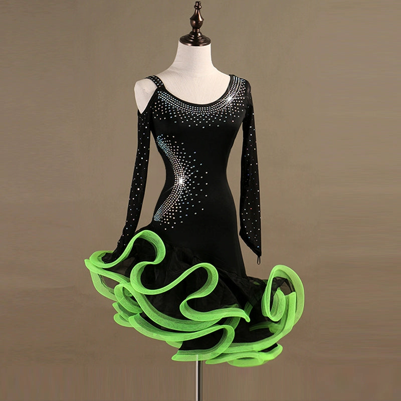 Latin Dance Dresses Women's Performance Spandex Tassel / Crystals / Rhinestones Long Sleeve Dress - Moderndancedress.com