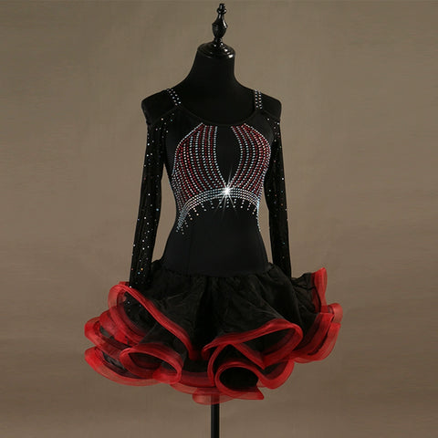 Latin Dance Dresses Women's Performance Spandex Georgette Appliques Crystals / Rhinestones Long Sleeves High Dress - Moderndancedress.com