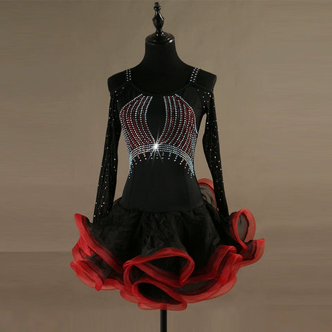 Latin Dance Dresses Women's Performance Spandex Georgette Appliques Crystals / Rhinestones Long Sleeves High Dress - Moderndancedress.com