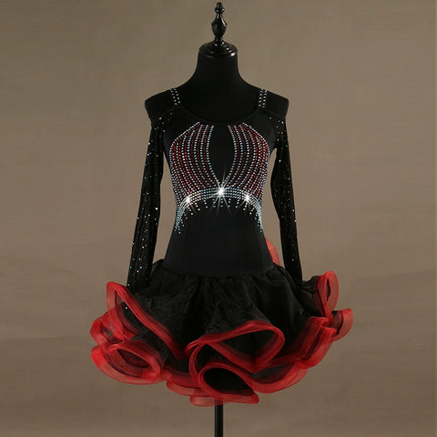 Latin Dance Dresses Women's Performance Spandex Georgette Appliques Crystals / Rhinestones Long Sleeves High Dress - Moderndancedress.com