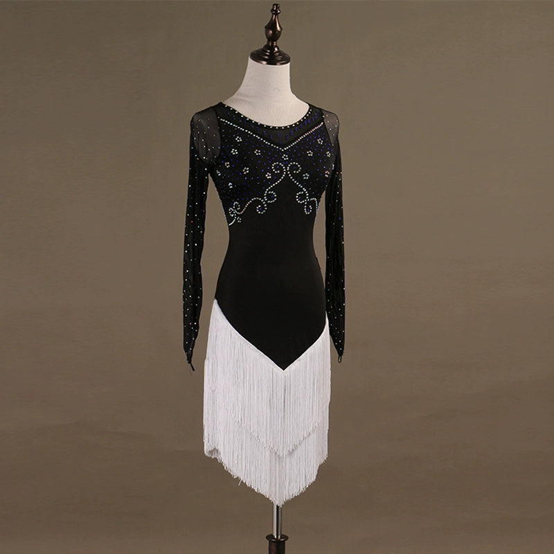 tassels Latin Dance Dresses long sleeves Rhinestones High Dress