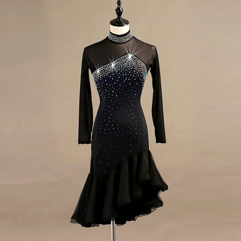 Latin Dance Dresses Women's Performance Spandex Georgette Appliques Crystals / Rhinestones Long Sleeves High Dress - Moderndancedress.com