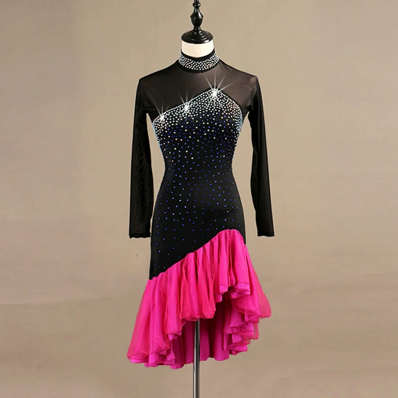 Latin Dance Dresses Women's Performance Spandex Georgette Appliques Crystals / Rhinestones Long Sleeves High Dress - Moderndancedress.com