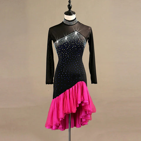 Latin Dance Dresses Women's Performance Spandex Georgette Appliques Crystals / Rhinestones Long Sleeves High Dress - Moderndancedress.com