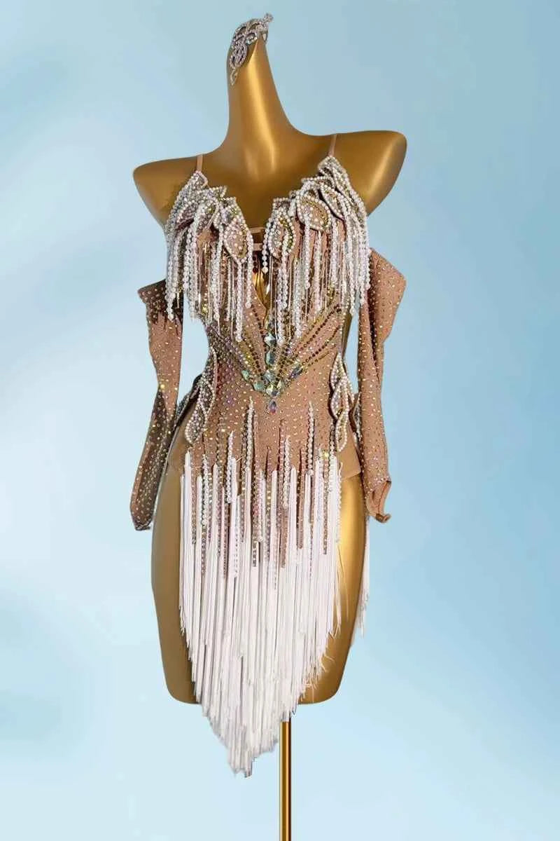 Custom size flesh with white competition latin dance dresses petals salsa rumba chacha blackpool dance clothes