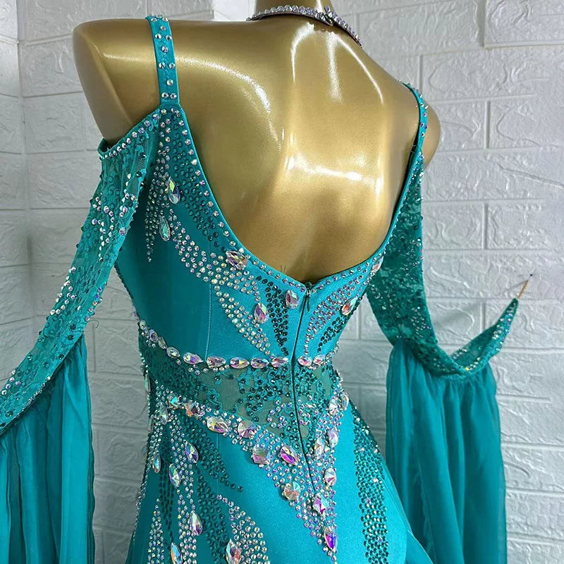 Custom Turquoise Ballroom Dance Dress Waltz Foxtrot Gown with Crystals