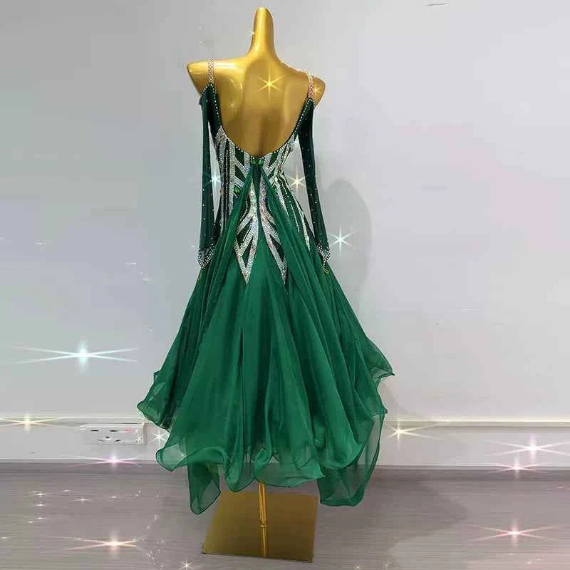 Custom Size Green Crystal Ballroom Dance Dress Tango Foxtort Rhytm Waltz Performance Costume