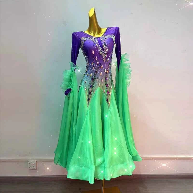 Custom Size Violet Green Gradient Ballroom Dance Dress for Women Waltz Tango Dance Swing Skirts