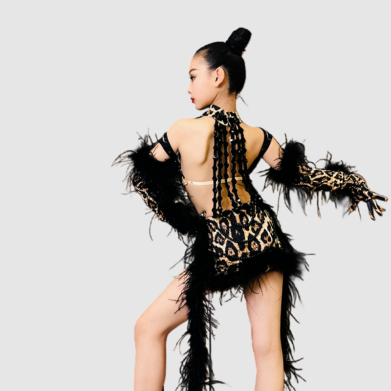 Custom Size Leopard Feather Competition Latin Dance Dresses for Women Girls Salsa Rumba Chacha Professional Dance Costumes - Moderndancedress.com