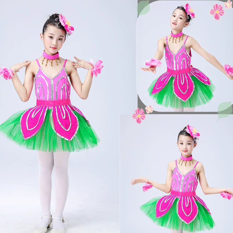Children's Pink Petals Flowers Jazz Dance Dresses Jasmine Blossom Dance Costume Flower Fairy Tutu Skirts Performance Costume for Kids - Moderndancedress.com
