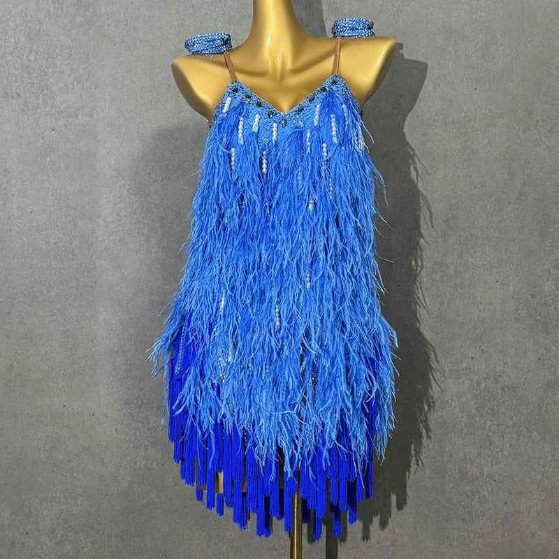 Custom Size Blue Ostrich Competition Latin Dance Dresses Fringed Art Test Blackpool Salsa Rumba Chacha Dance Costumes