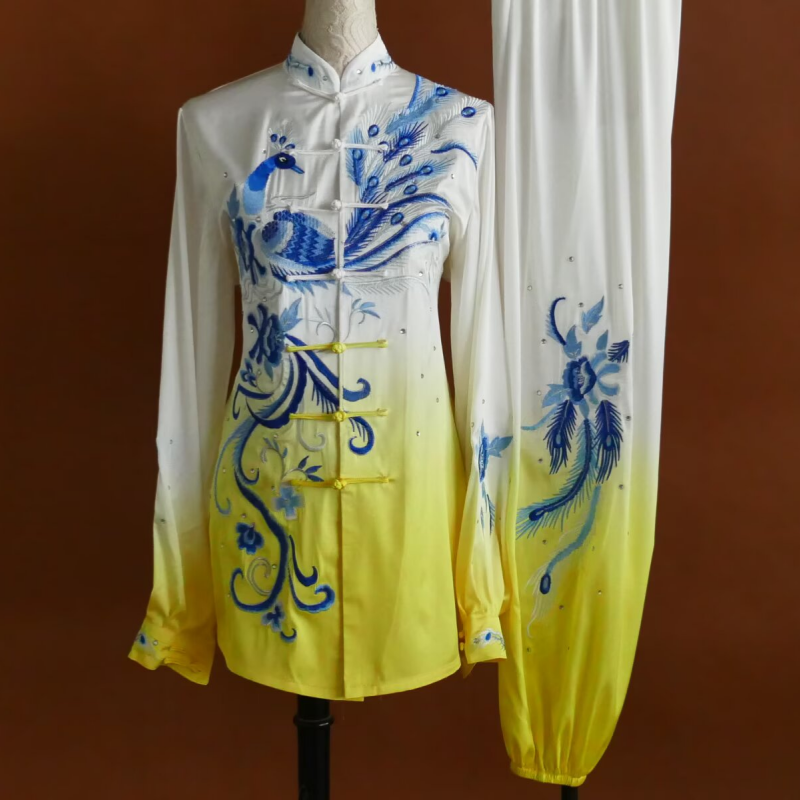 Custom Size Tai Chi Clothing Dark Green Embroidered Phoenix Wushu Martial Arts Kunfu Group Performance Uniforms - Moderndancedress.com