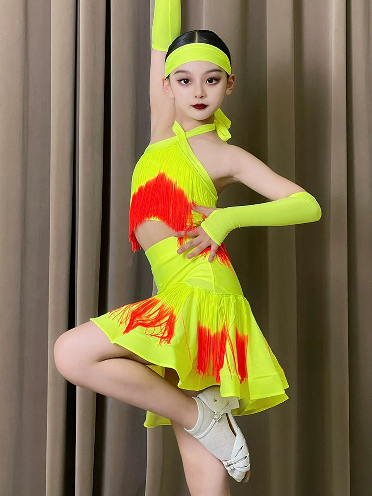 Pink Neon Green Red Fringe Latin Dance Dresses for Girls Kids Salsa Rumba Chacha Halter Neck Performance Clothing for Children - Moderndancedress.com