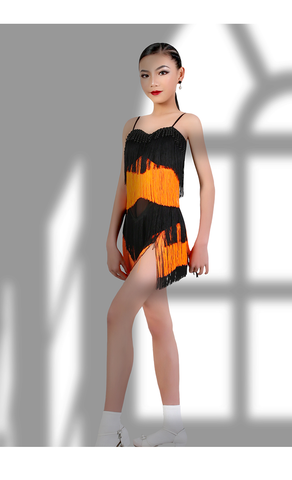 Girls kids Orange Black Fringed bling Latin Dance dresses ballroom salsa rumba chacha  Performance tasseks skirts dance wear - Moderndancedress.com