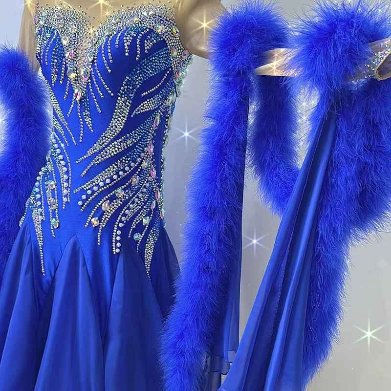 Customized Size Royal Blue Feather Competition Ballroom Dance Dresses for Women Girls National Standard Dance Long Gown