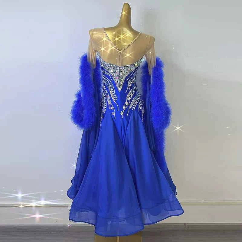 Customized Size Royal Blue Feather Competition Ballroom Dance Dresses for Women Girls National Standard Dance Long Gown